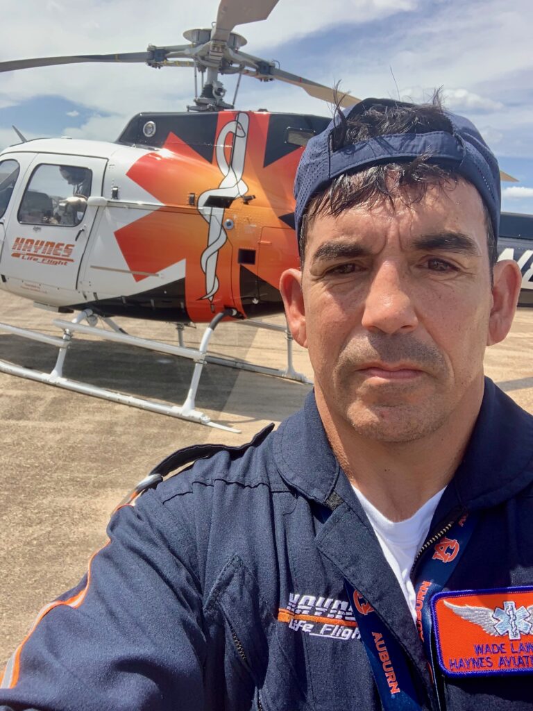 Wade in his helicopter transporting a gunshot patient at University of South Alabama in Mobile